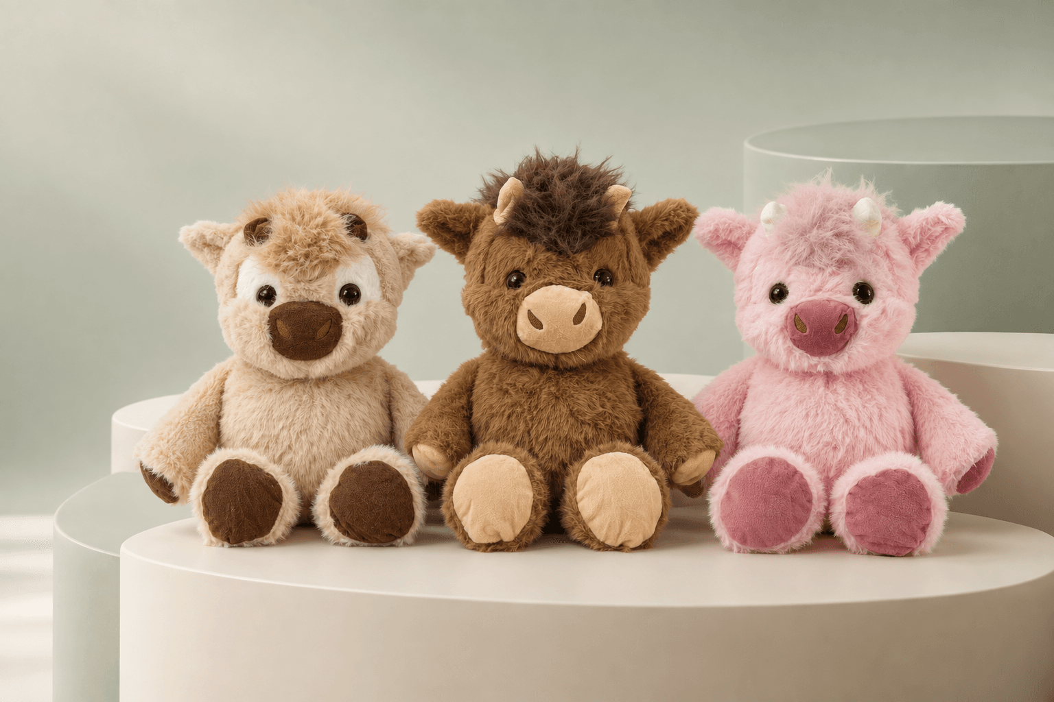 Three plush toys sitting on cream pedestals